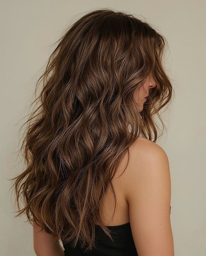 Voluminous Hairstyles for Layered Wavy Hair: Almond Brunette Beauty
