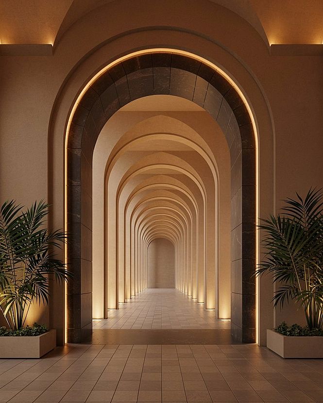 Luxury Arched Corridors: A Vintage Hotel Ambiance