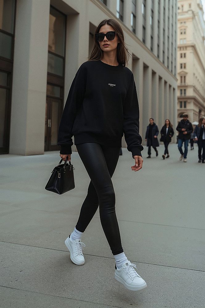 Athleisure Mastery: Chic Black Leggings & Sweatshirt Street Style