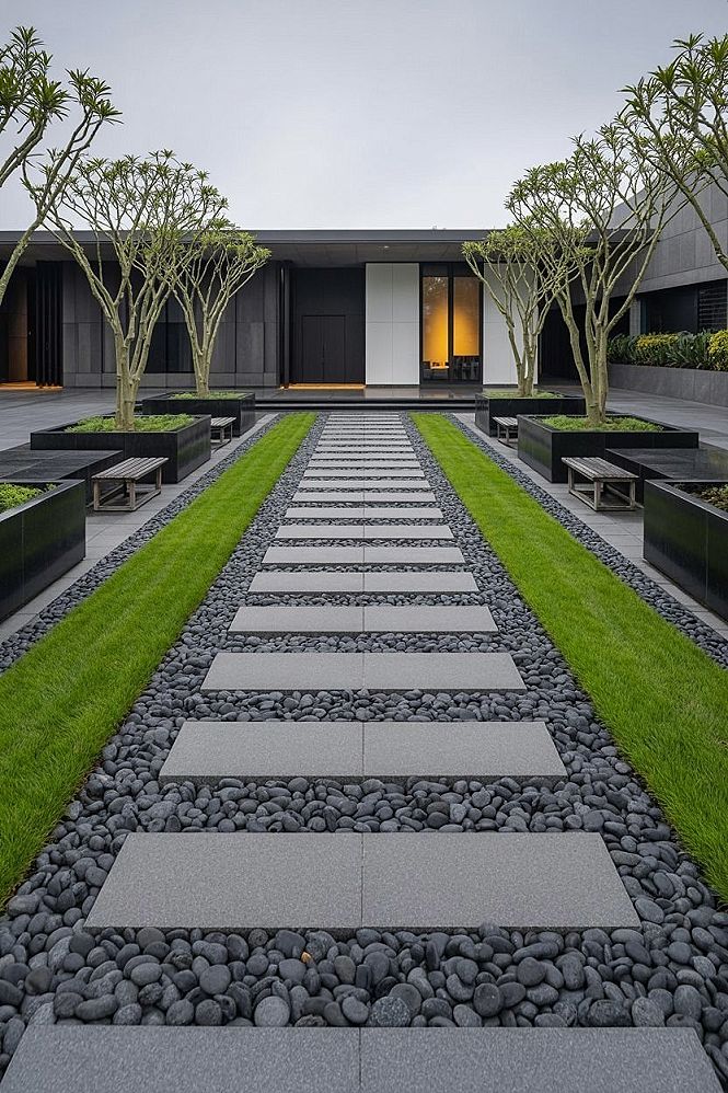 Modern Minimalist Front Yard Landscaping with Rocks & Clean Lines