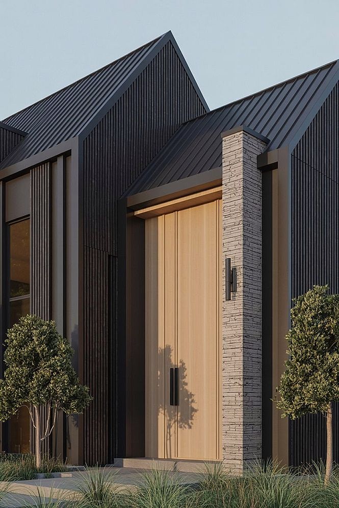 Luxury Modern Exterior: Black Siding, Wood Door & Stone Pillars