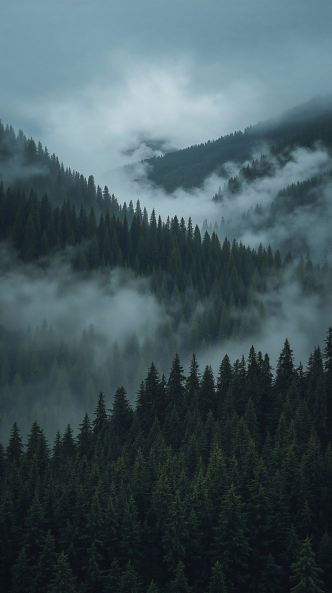 Mystical Foggy Forest: Dreamy Mountain Aesthetic Wallpaper