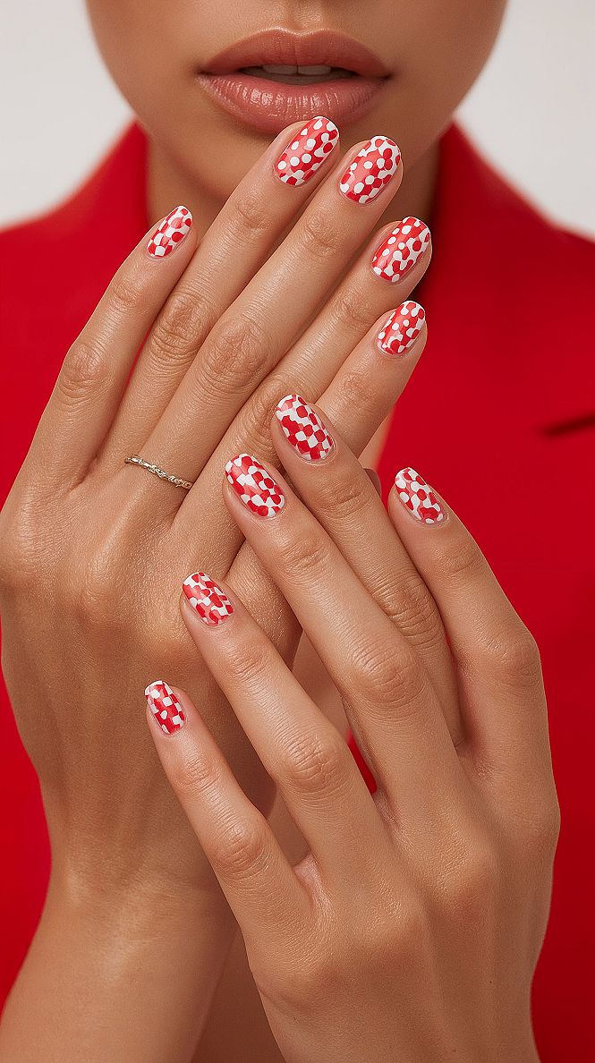 Girly & Pretty: Vibrant Red & White Polka Dot Gel Nail Designs