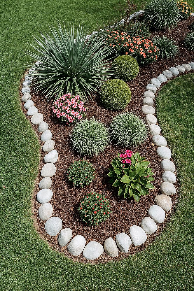 Elegant River Rock Flower Beds: Front Yard Landscaping Style