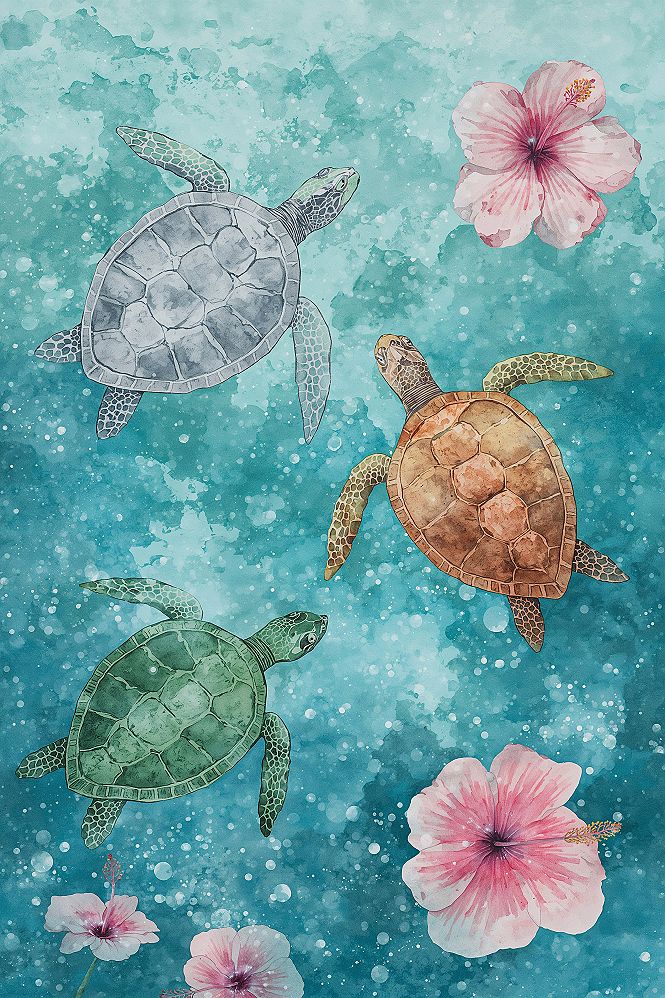 Artistic Watercolor Turtles: Dreamy Ocean Bubbles Wallpaper