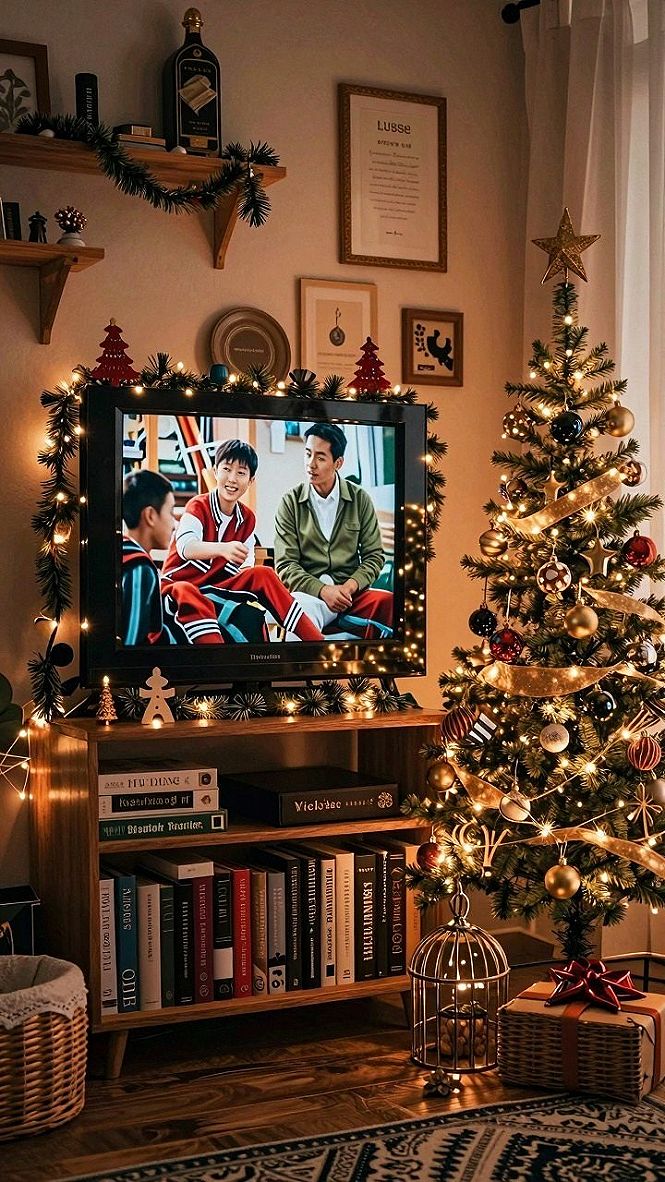 Framing the Television with Festive Garland and Warm Lighting