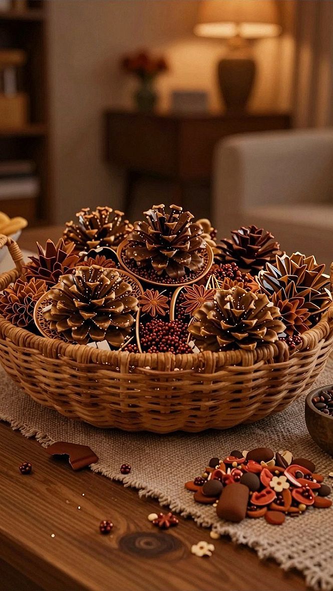 Natural Pinecone and Spice Basket Table Centerpiece