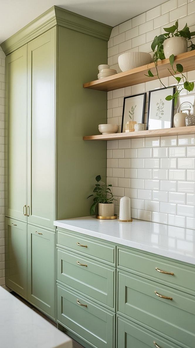 Sage Green Kitchen Cabinets: Airy Design with Open Shelving & Crockery Storage