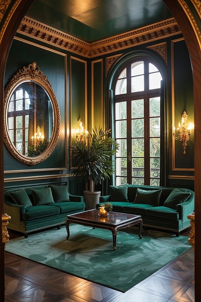 Regal Emerald Green Living Rooms: Black & Gold Accent Ideas