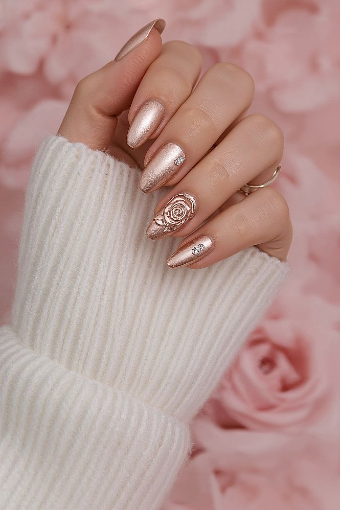 Korean Nails 2026: Rose Gold Floral Bridal Nails