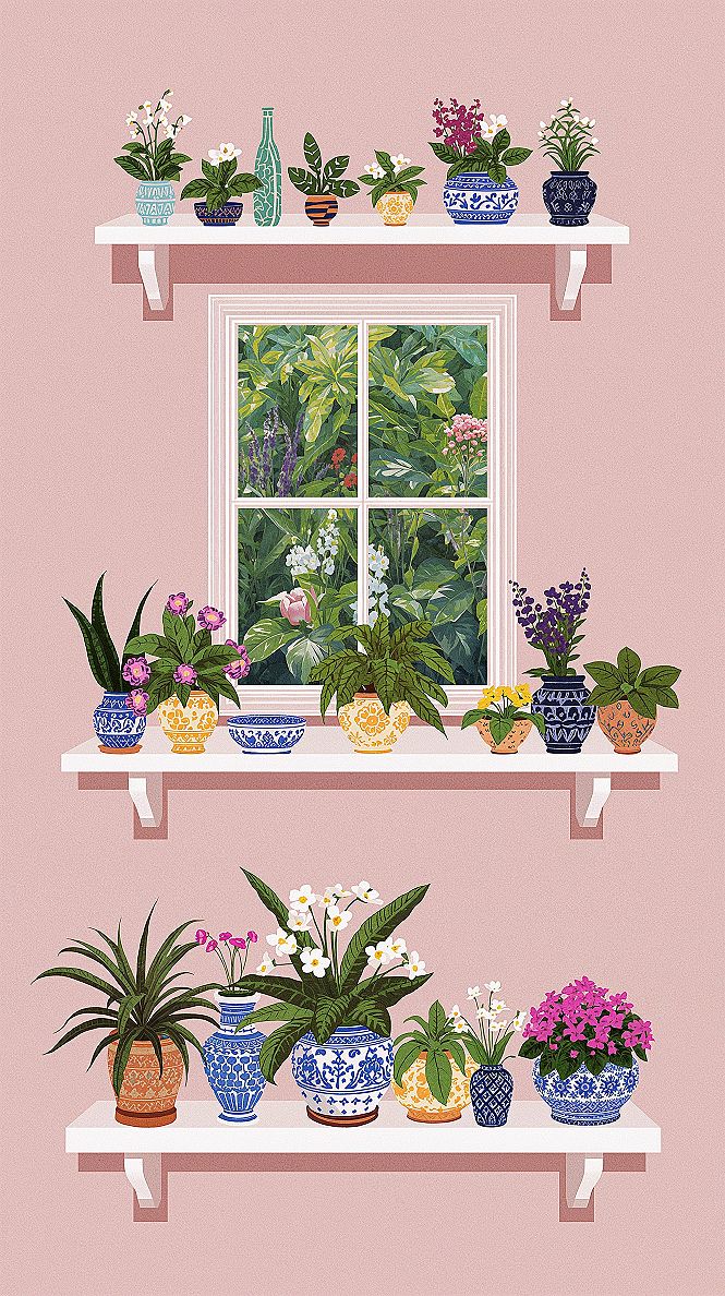 Cozy Floral Shelves: Aesthetic iPad Wallpaper for Nature Lovers