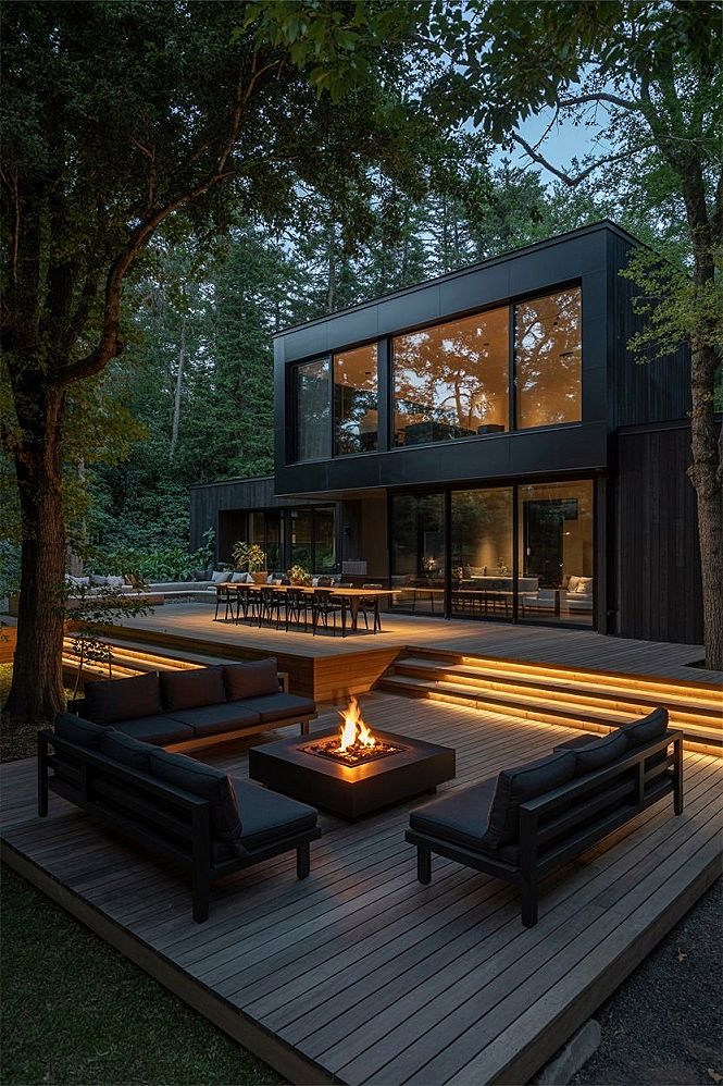 Modern Black House Exterior: Serene Outdoor Living Oasis