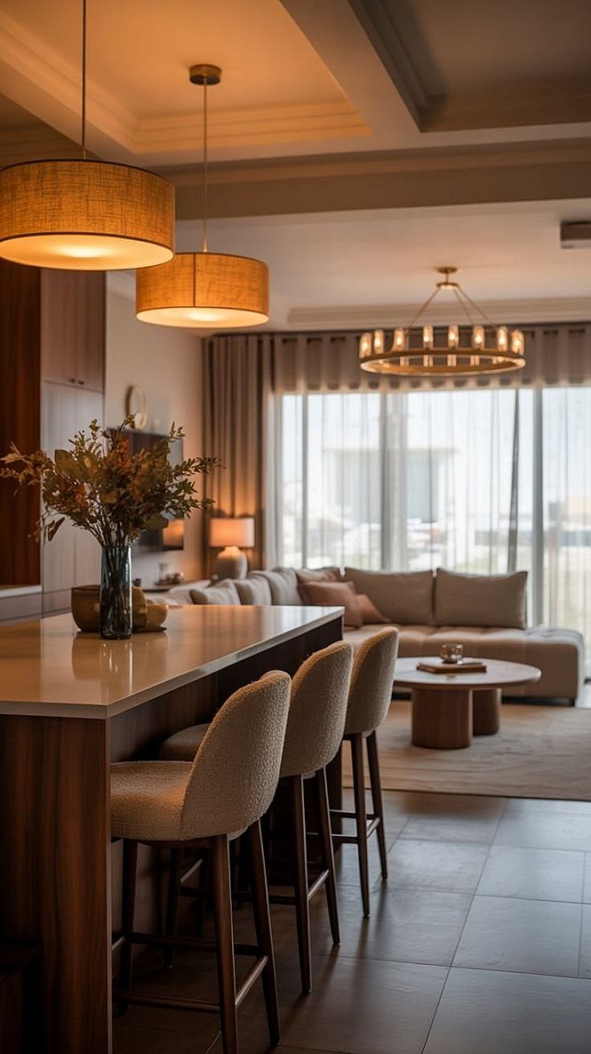 Warm Modern Interiors: Harmonizing Open Kitchen & Living Spaces