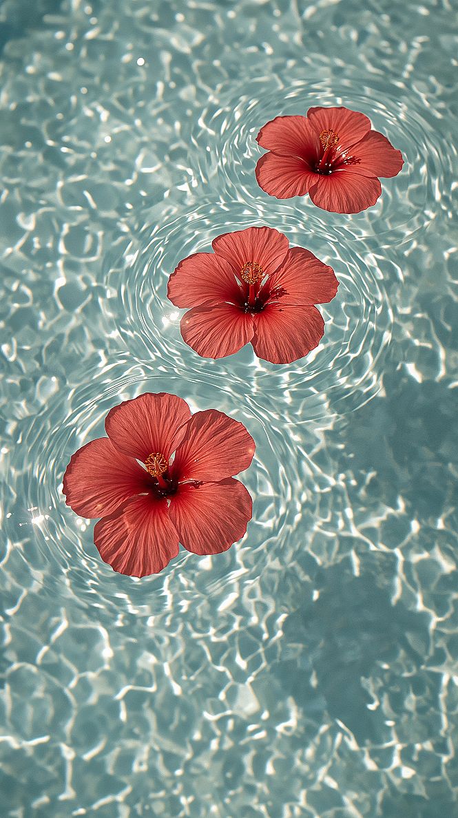 Serene Hibiscus Sunset: Floating Flower Aesthetic Wallpaper