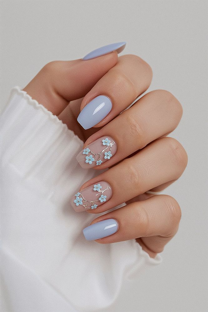 Classy Light Blue & Floral Nail Art for a Fresh Look