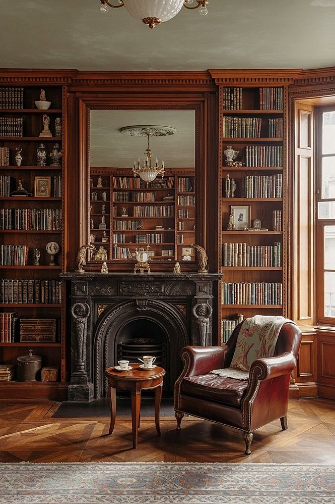 Cozy Edwardian Library Lounge: Fireplace & Smart Storage Dreams