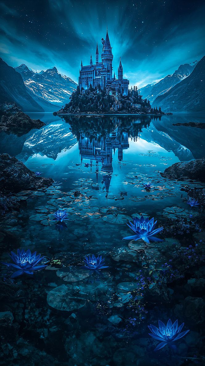 Blue Fantasy Wallpaper: Mystical Sky Kingdom & Tranquil Lake