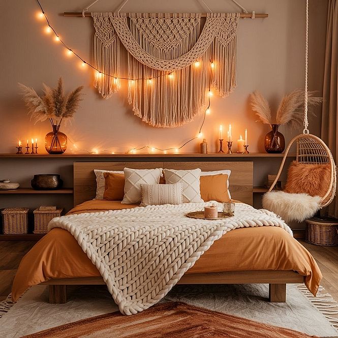 Rustic Orange & Earthy Boho Bedroom Ideas for Couples