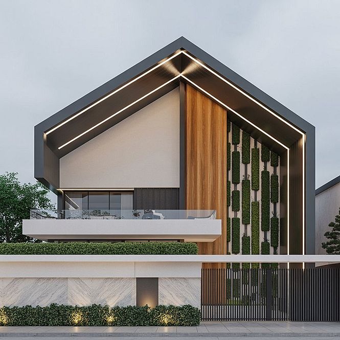 Contemporary Home Elevation: Luxury Geometric Design with Vertical Garden