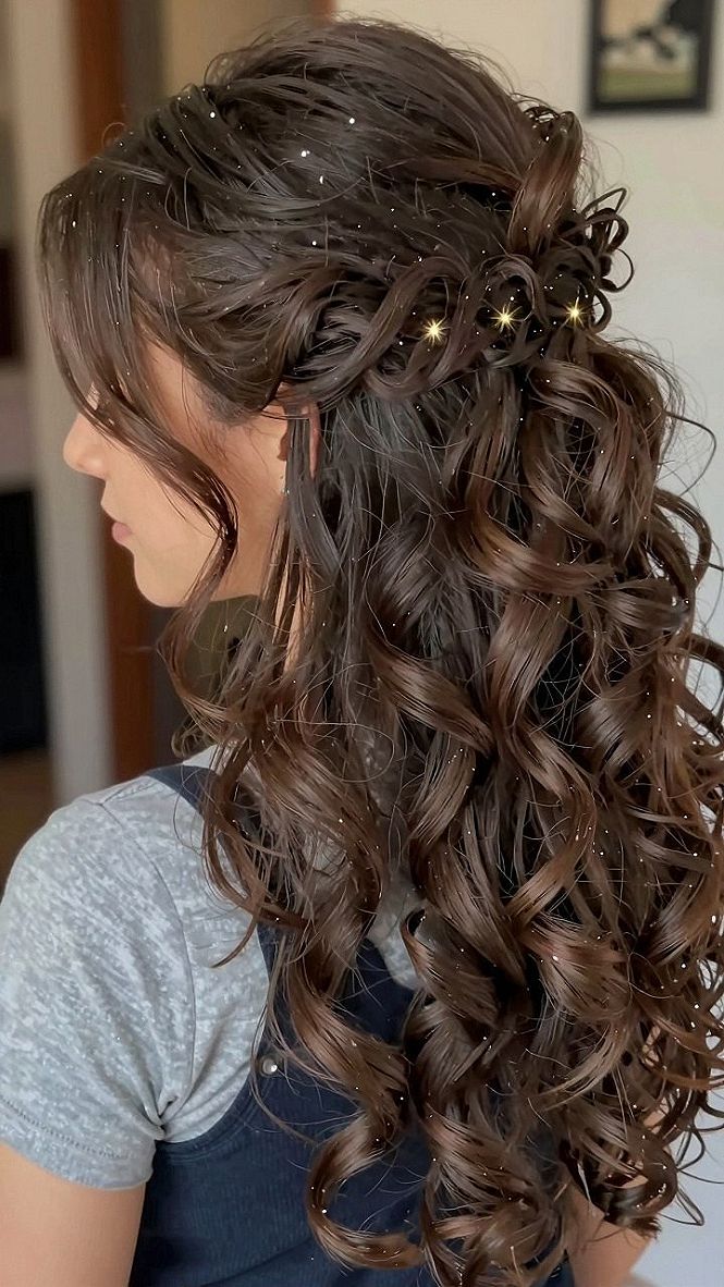 Twisted Half Up Curly Hairstyle With Sparkle Accent