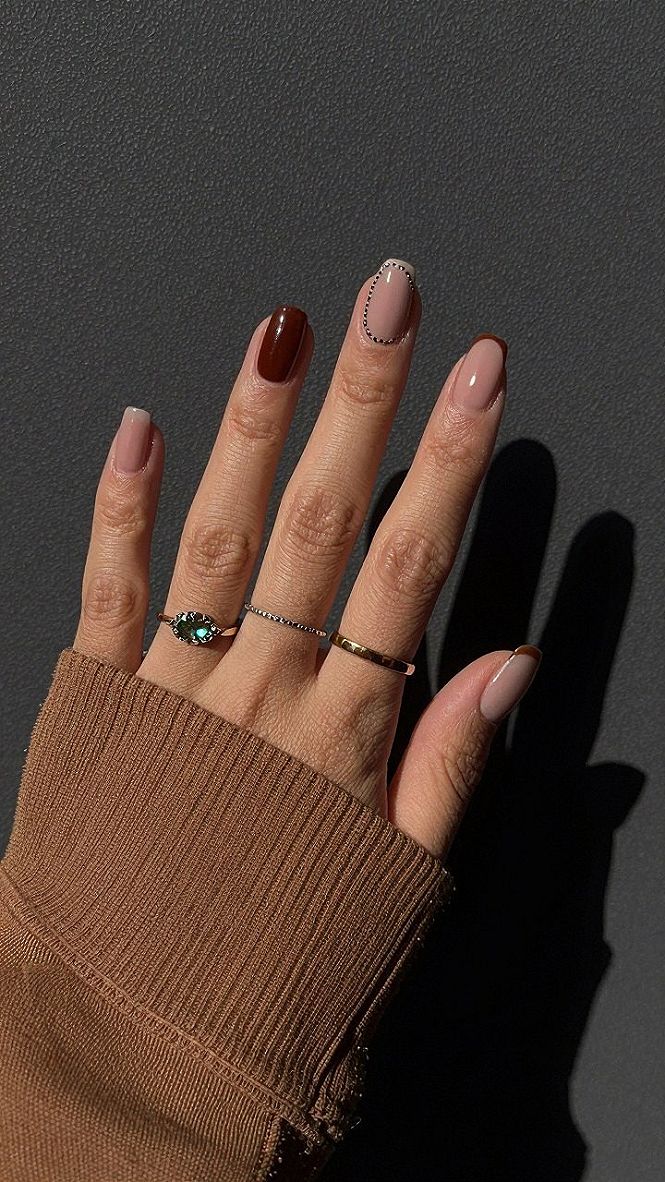 Mixing Solid Brown Polish With Fine Line Detail Nails
