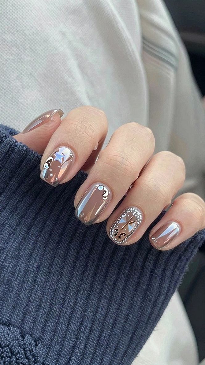Adding Chrome Finish and Celestial Accents to Latte Nails