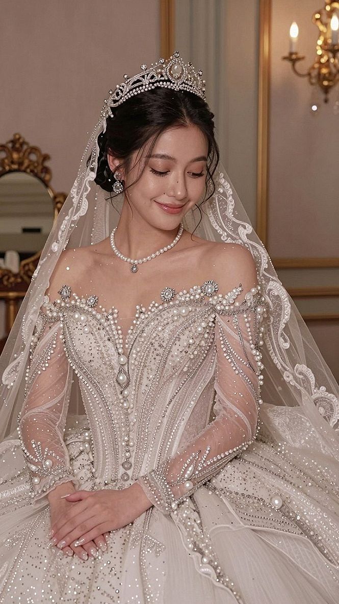 Blending Royal Crowns With Soft Veils And Pearls