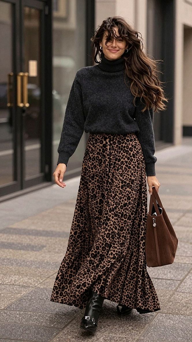 Styling a Leopard Print Maxi Skirt with Leather Outerwear