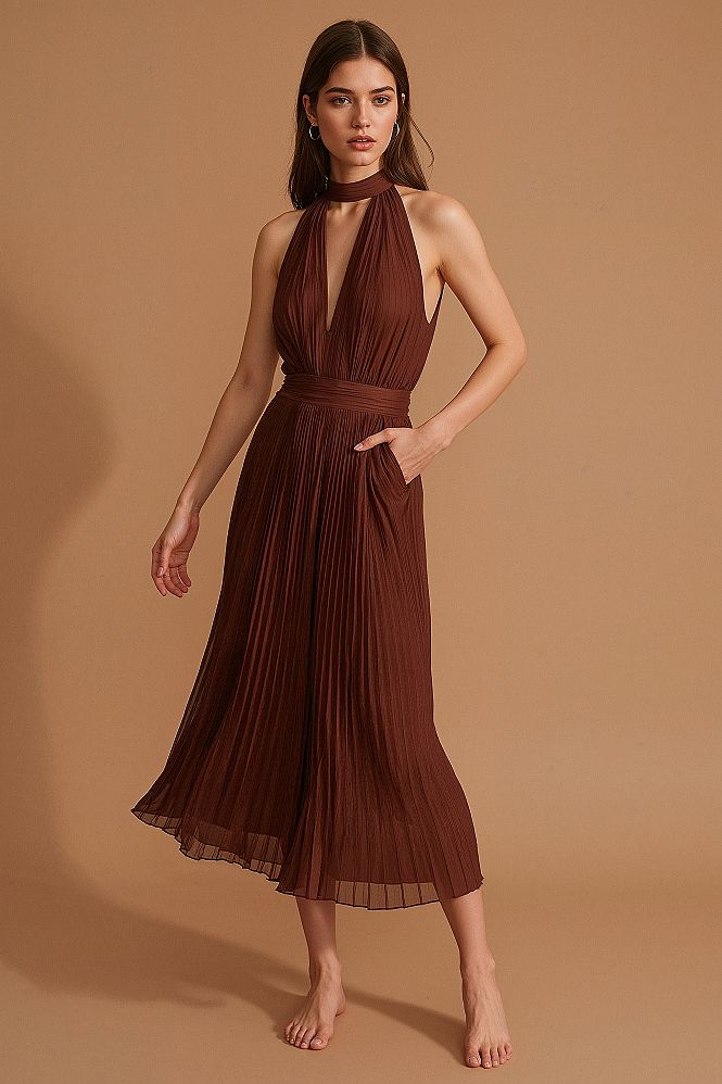 Chic Chocolate Pleated Halter Dress: Your Spring 2025 Date Night Essential