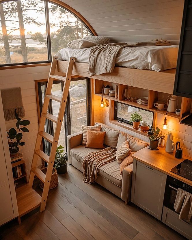 Cozy Tiny Home Interior: Maximizing Space with Warm Wood & Loft Dreams