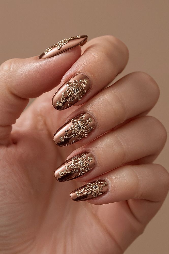Elegant Gold Chrome Almond Nails: Luxury Bridal Art 2025