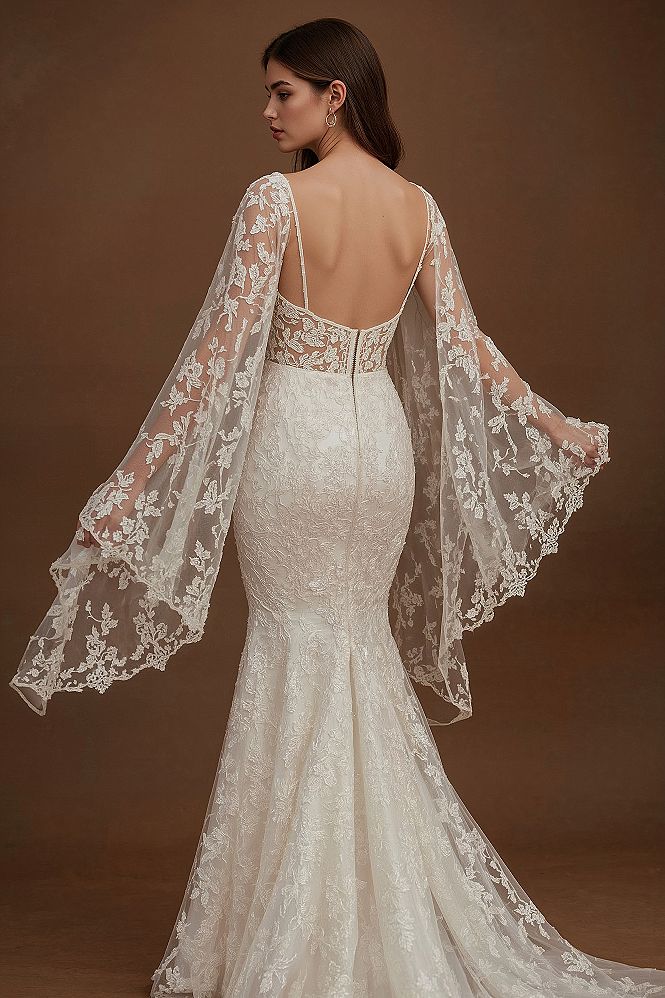 Elegant Designer Lace Mermaid Wedding Gown with Detachable Cape Sleeves