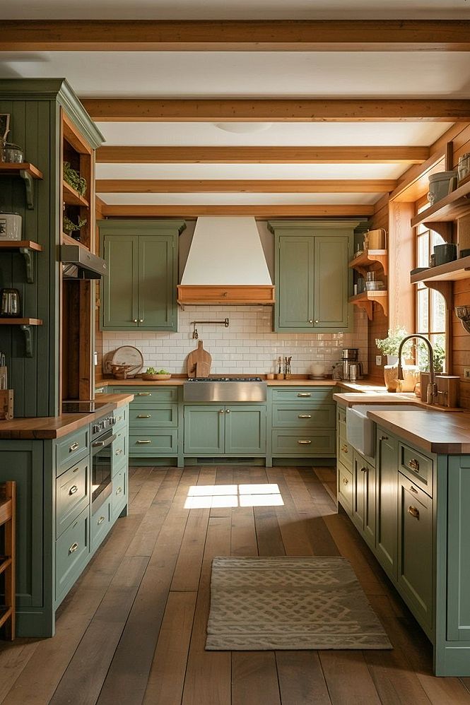 Earthy Green Kitchens: Modern Design with Warm Wood Accents