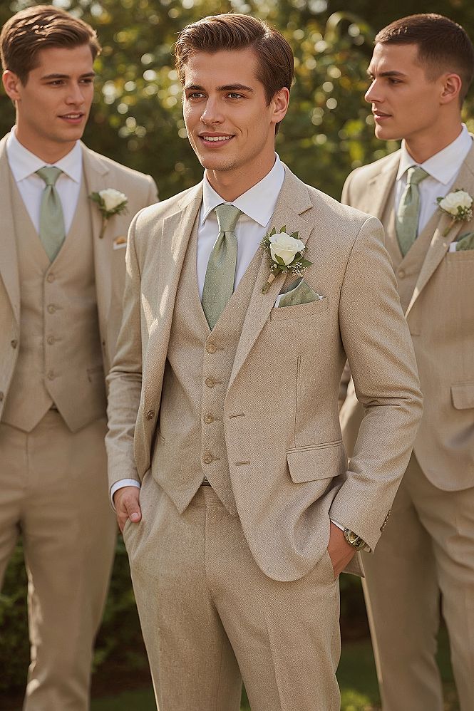 Elegant Beige Groom Suits with Sage Green Accents