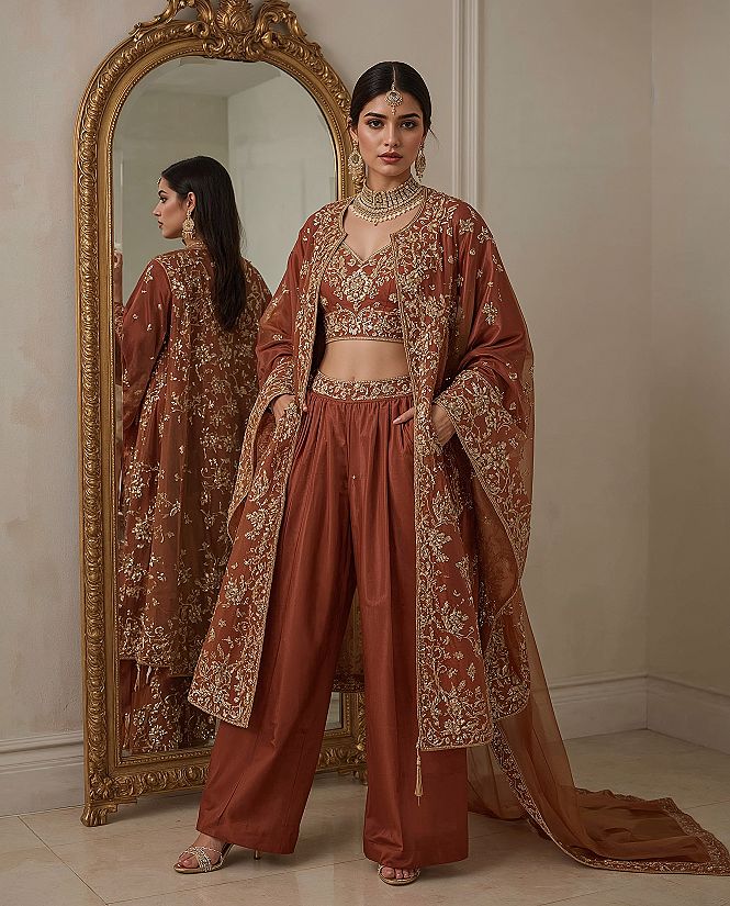 Modern Roka Ceremony Outfit: Rust Farshi Plazo Dress & Sharara Designs
