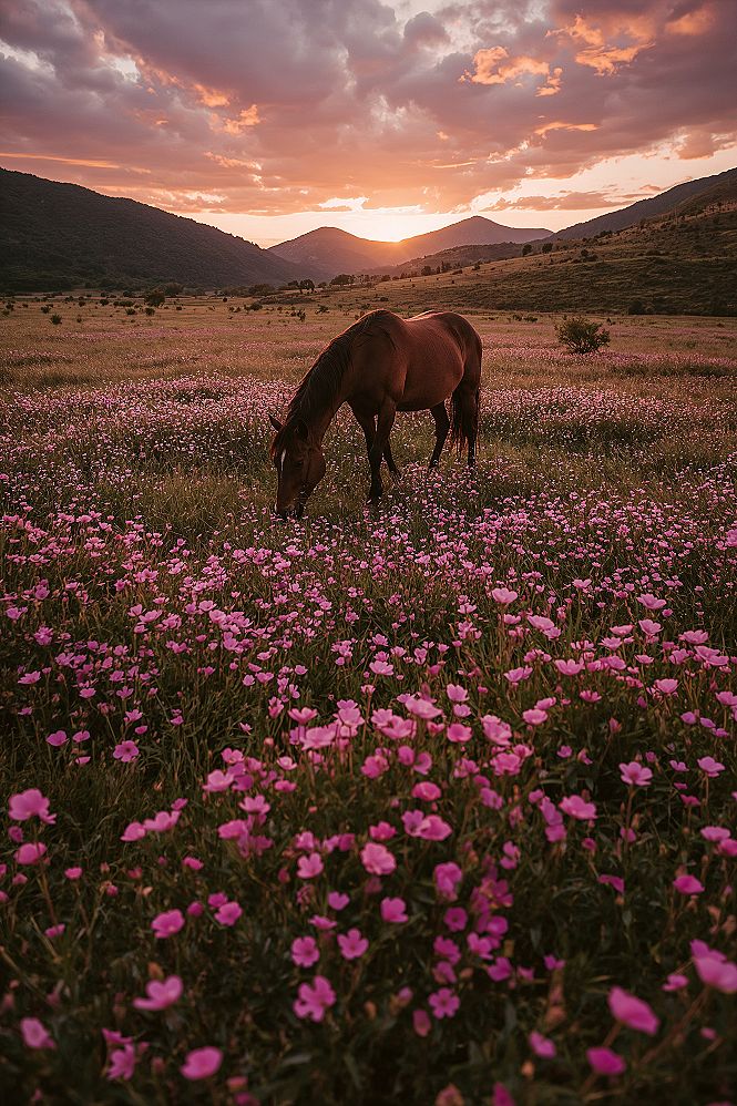 Ethereal Wild Horses in Pink Wildflower Fields: A Cottagecore Dream