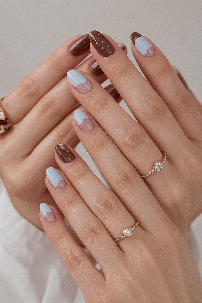 Chic Brown & Blue Polka Dot Nail Inspirations for Spring