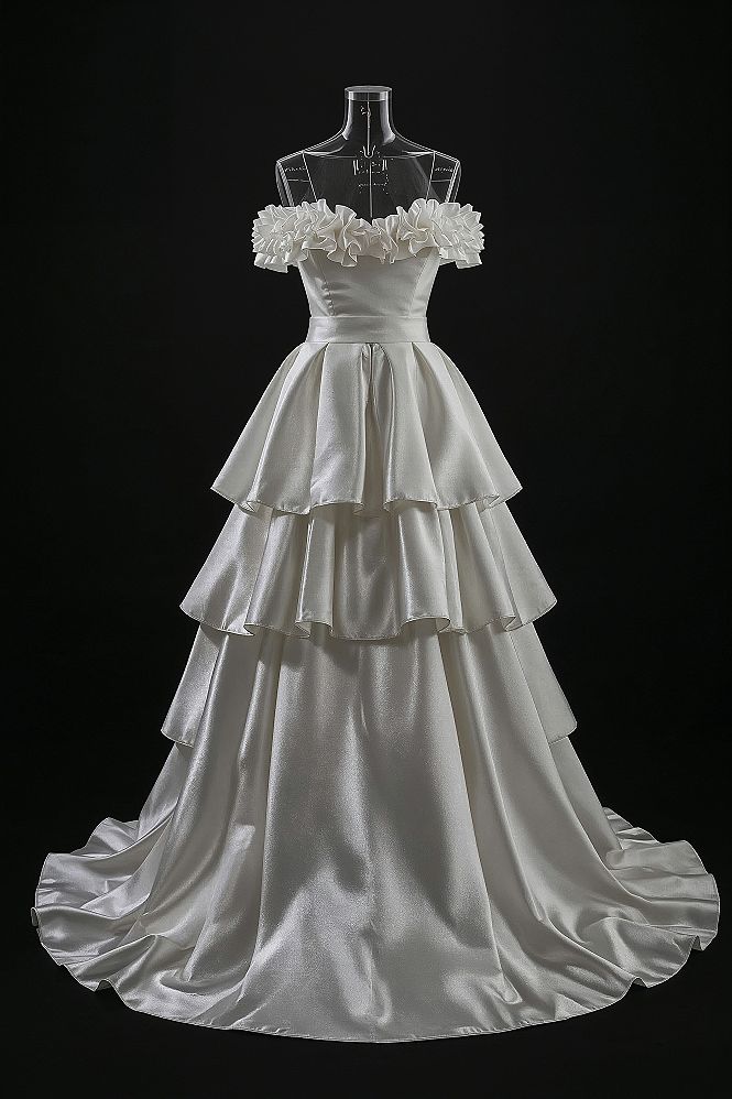 Dreamy Ivory Satin Wedding Dress: Ruffled Off-Shoulder Elegance