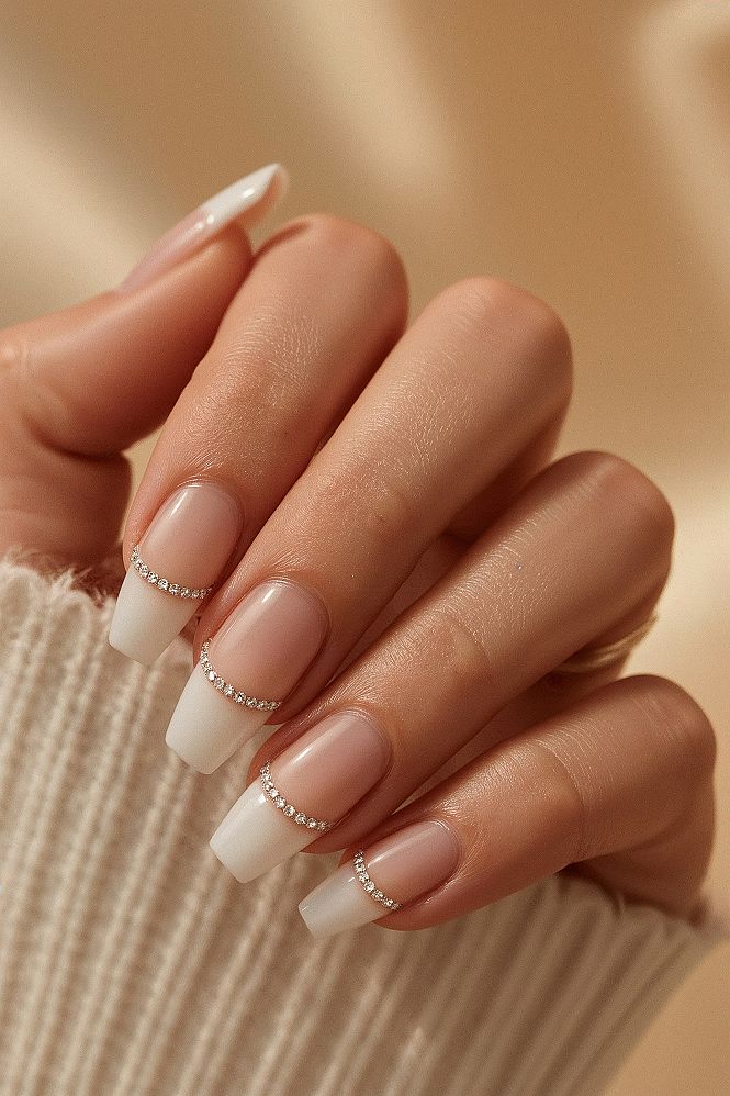 Elegant Ombre Bridal Nails with Rhinestone Accents