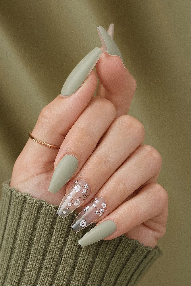 Chic Sage Green Floral Ballerina Nails for Spring
