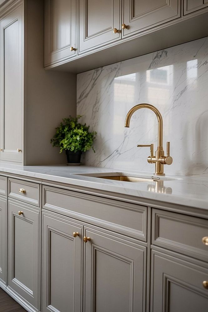 Elegant Grey Kitchen Remodel: Sophisticated Design with Gold Accents