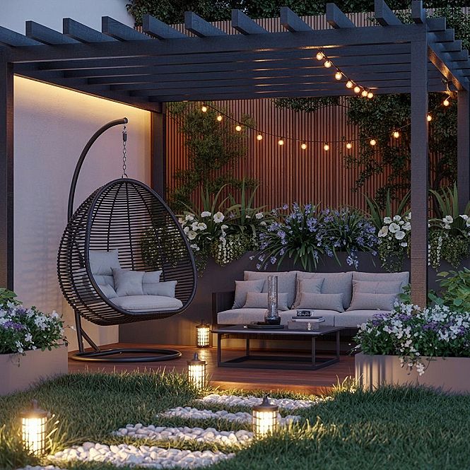 Cozy Backyard Garden Oasis: Modern Hanging Chair & Lush Greenery