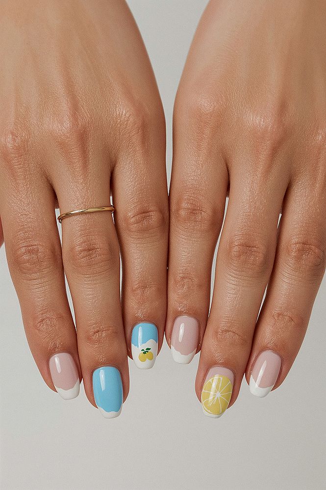 Cute Gel Nails: Playful Lemon & Blue Stripe Designs for Summer 2026