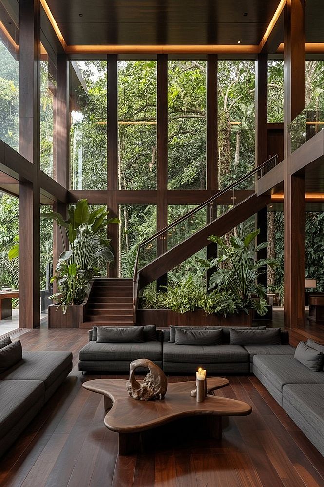 Serene Luxury: Modern Interiors with Lush Greenery & Forest Views