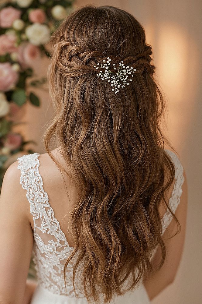 Enchanting Braided Bridal Half Up Half Down Wedding Hair with Floral Pins