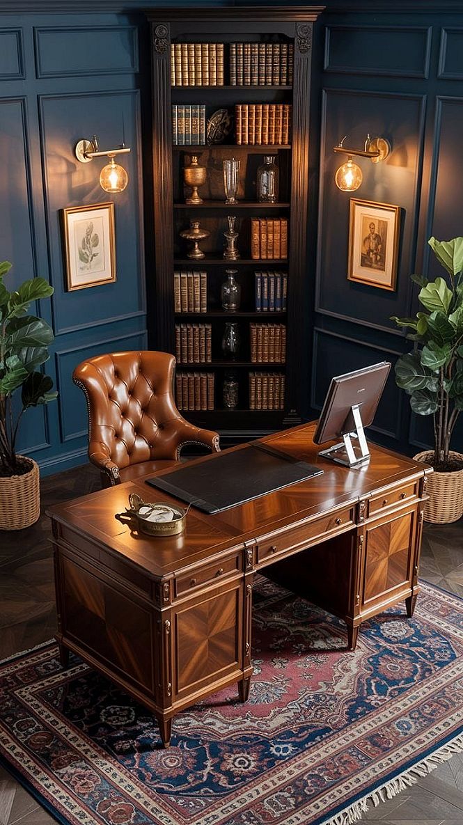 Dark Blue Moody Home Office: Cozy Workspace Haven