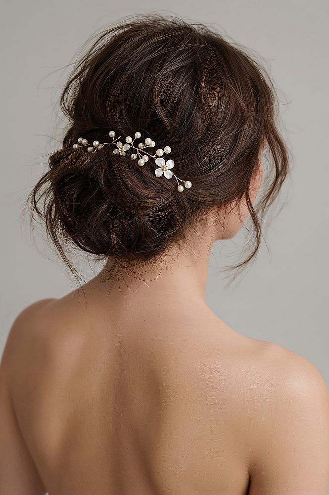 Romantic Bridal Updo: Effortless Wedding Day Bun with Floral Accents