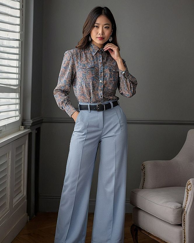 Pairing a Patterned Blouse With High Waisted Trousers