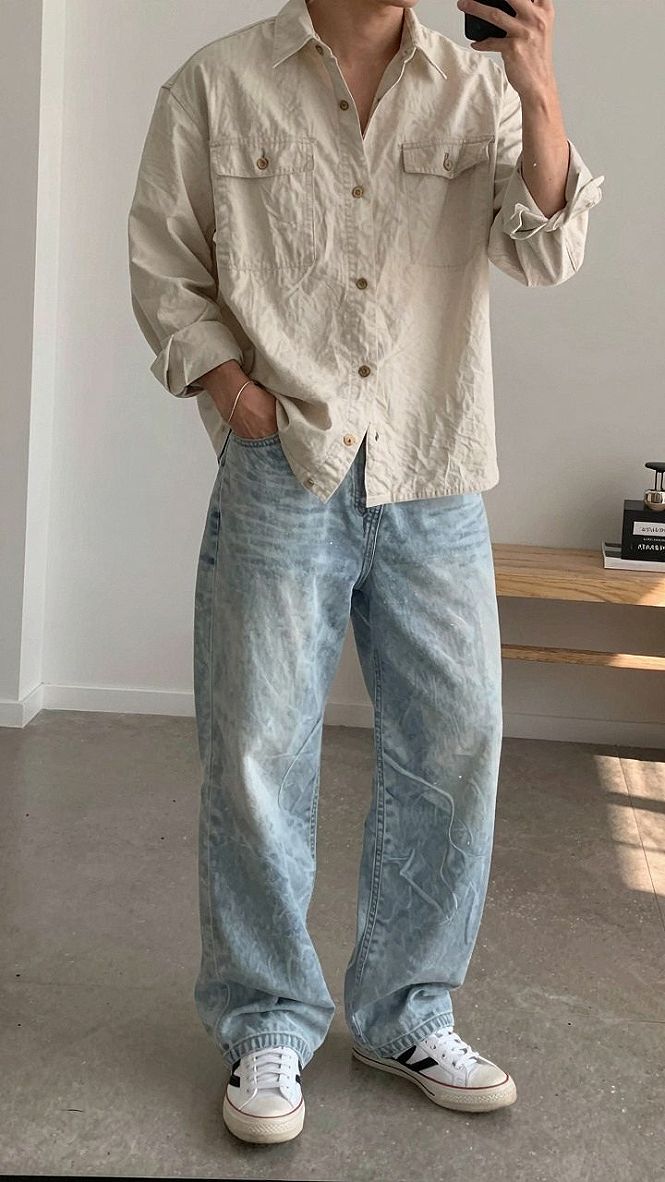 Pairing Utility Shirts With Relaxed Light Wash Jeans