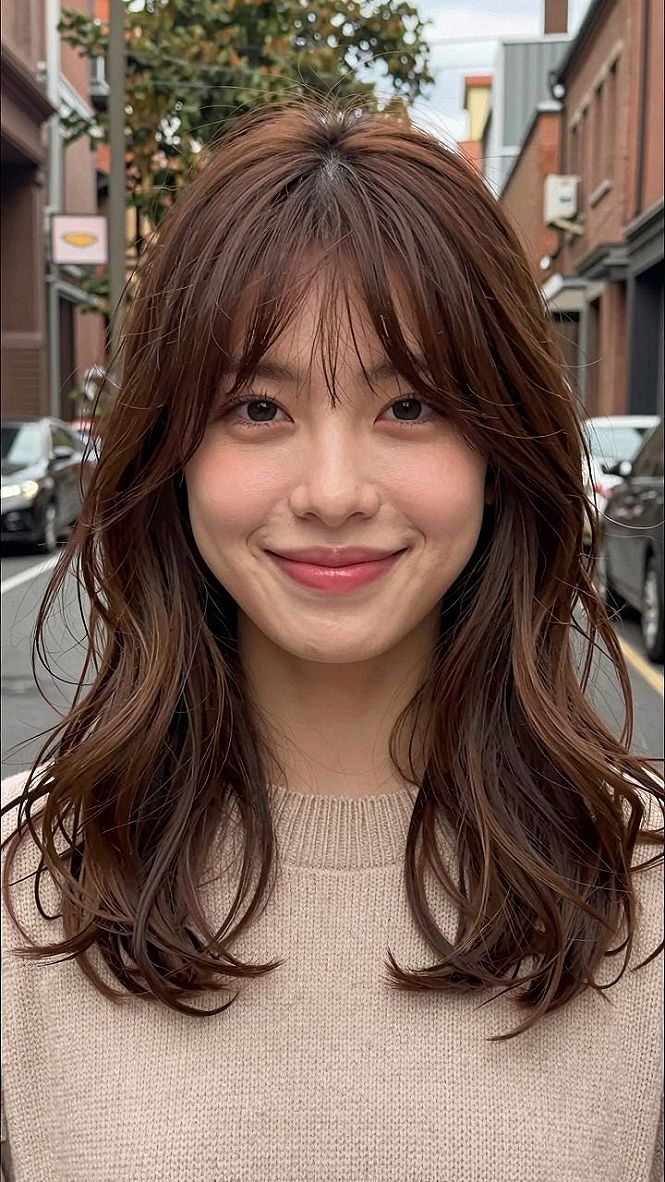 Pairing Soft Curtain Bangs with Loose Shoulder Length Waves